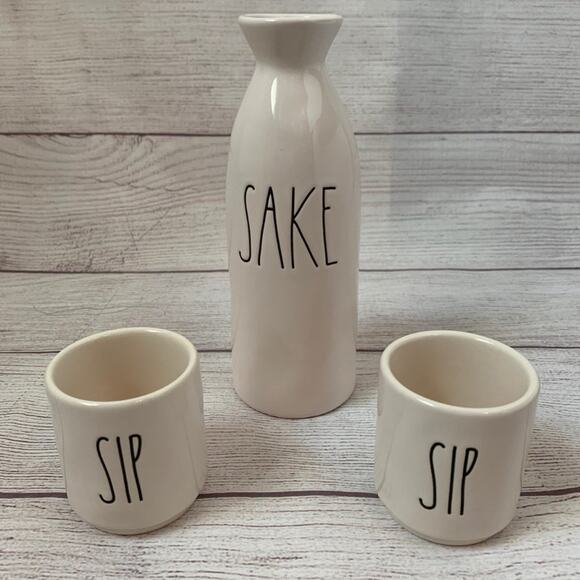 Rae Dunn Sake Sip Sip Set White with Black Lettering 1 Pitcher 2 Cups - Picture 2 of 10